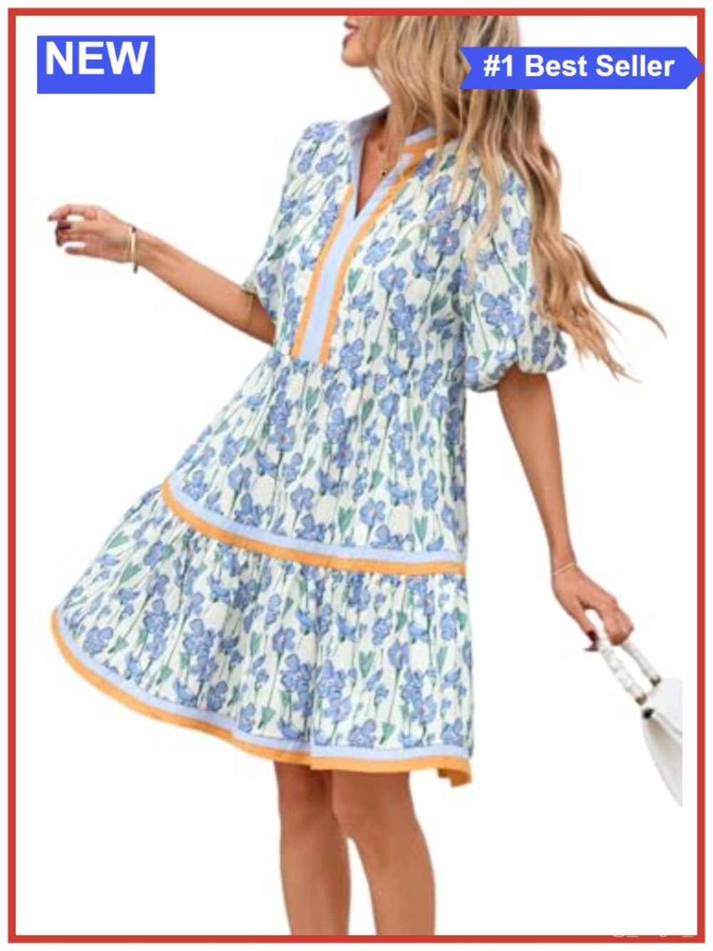 Women Floral Babydoll Mini Dress V Neck Puff Sleeve Cotton Sundress